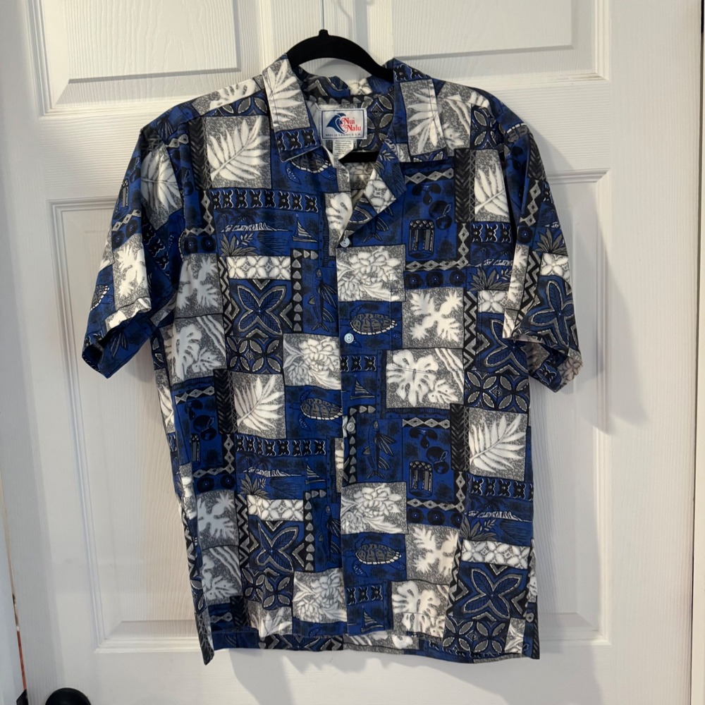 Nui Nalu Hawaiian Shirt Mens‎ M Blue Good Patchwork Sea Turtle Made in USA